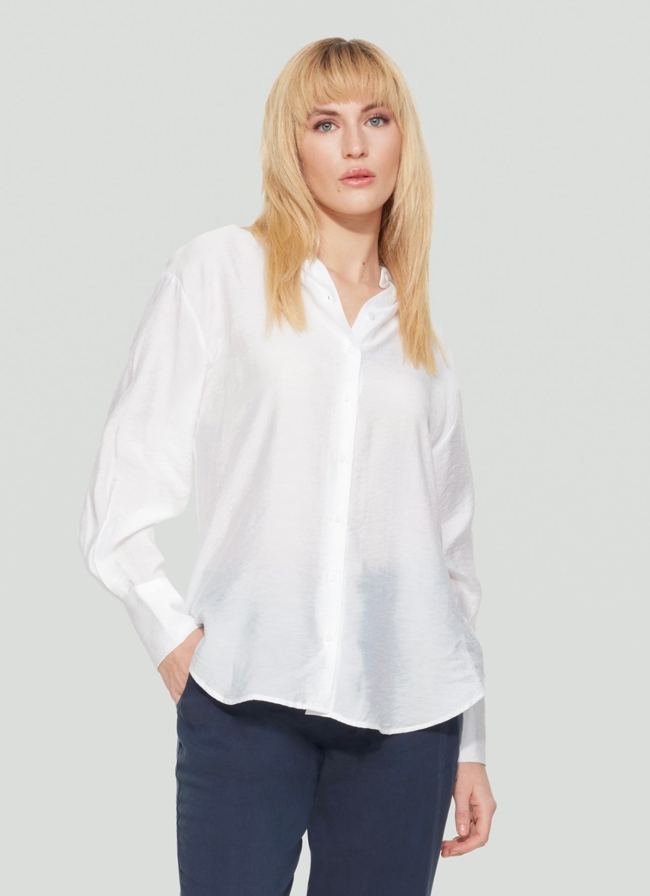 Hidden Placket Flowy Blouse — White