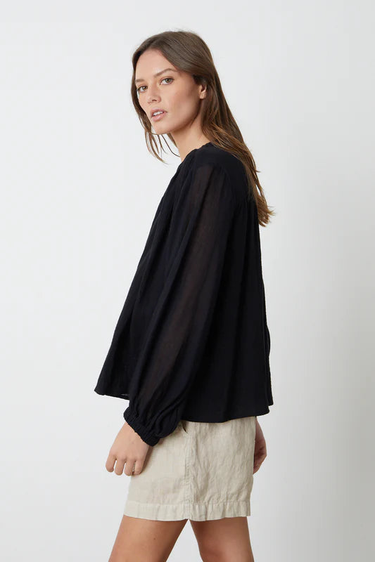 Cotton Gauze Long Sleeve Top — Black
