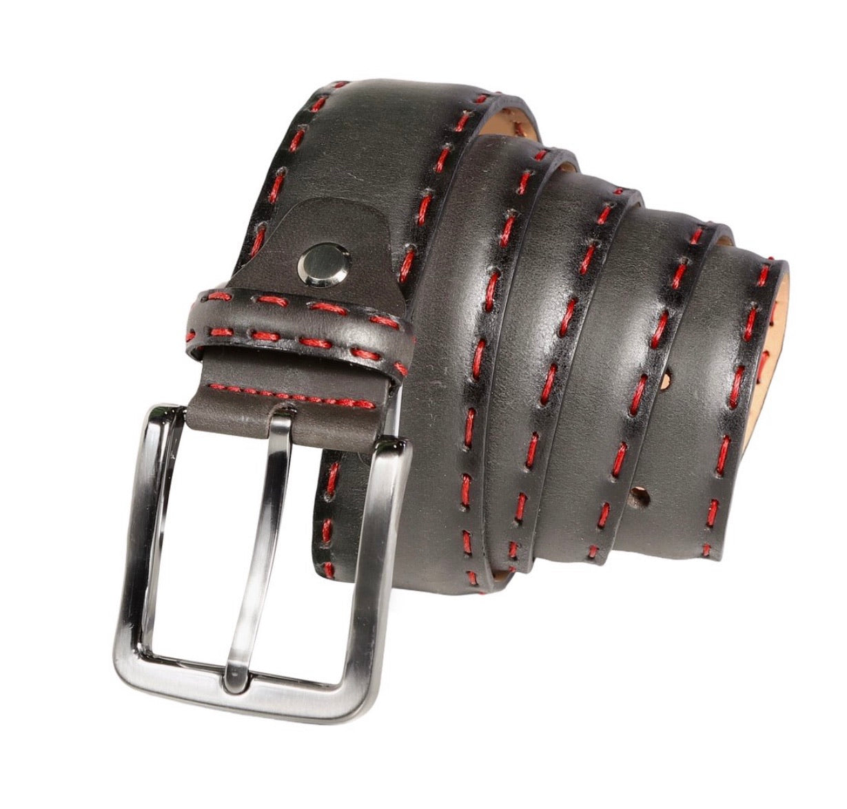 Black Leather Belt with Red Stitching
