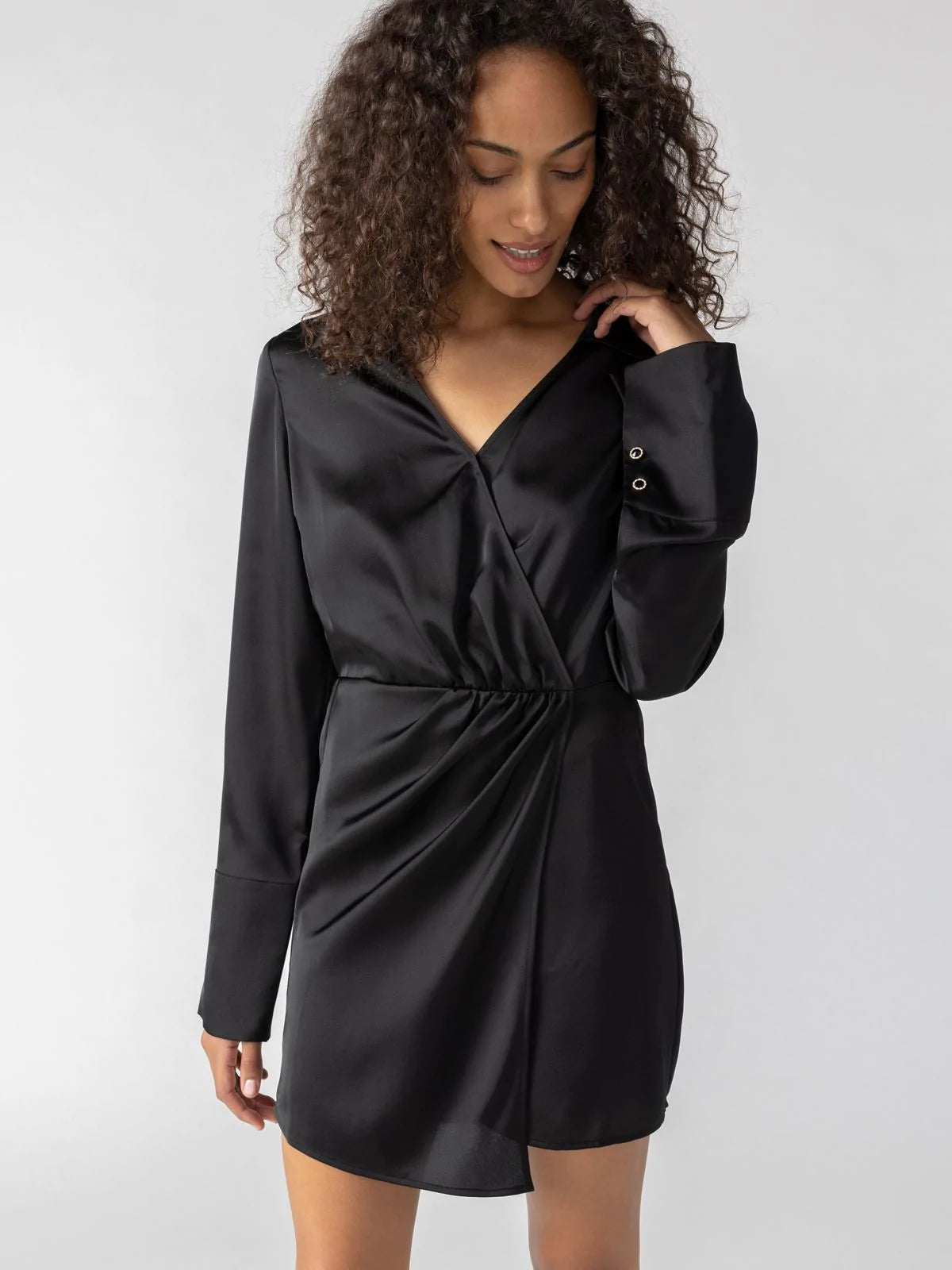Cuff Detail Satin Wrap Dress — Black