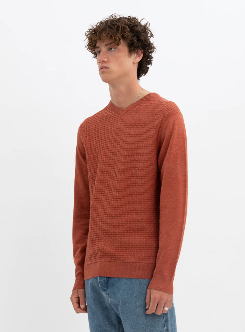 Rust Cotton V-Neck Fine Gauge Sweater