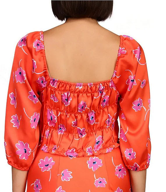 Think Of Me Woven Satin Floral Print Square Neck 3/4 Puffed Sleeve Top