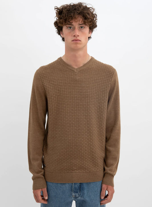 Brown Cotton V-Neck Fine Gauge Sweater