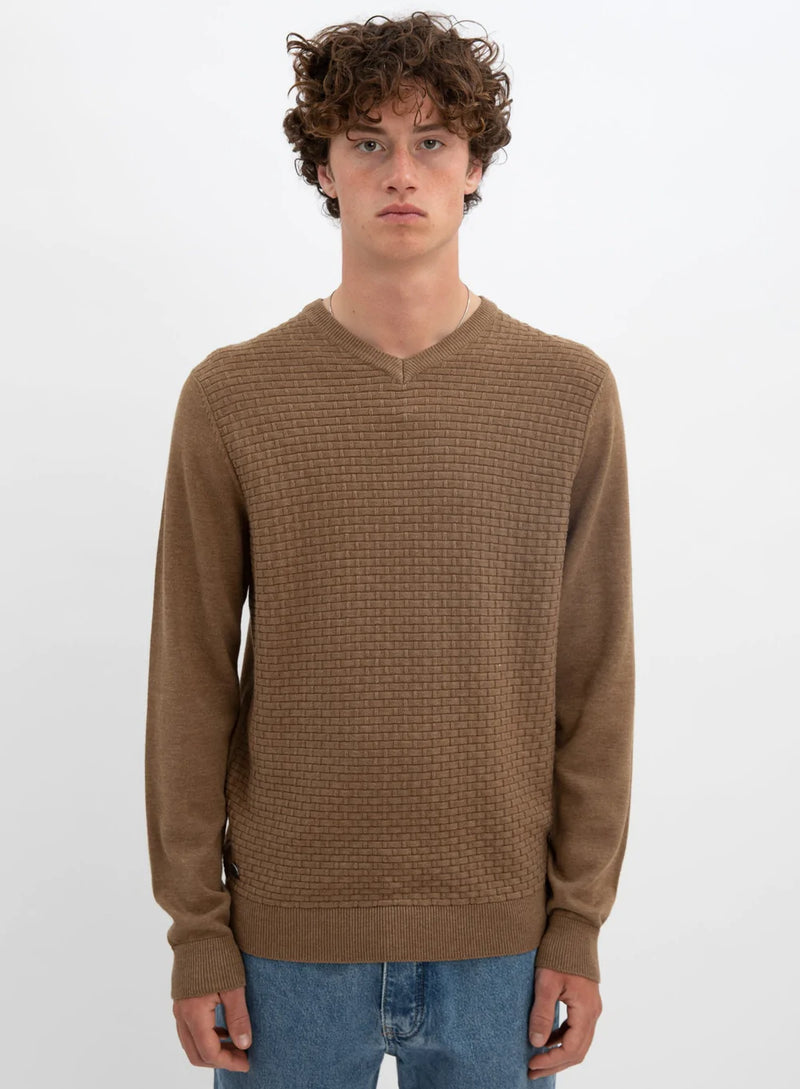 Brown Cotton V-Neck Fine Gauge Sweater