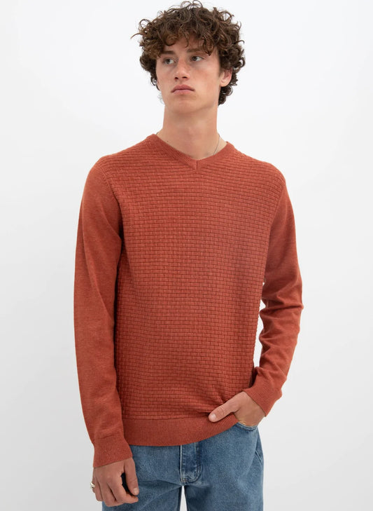 Rust Cotton V-Neck Fine Gauge Sweater