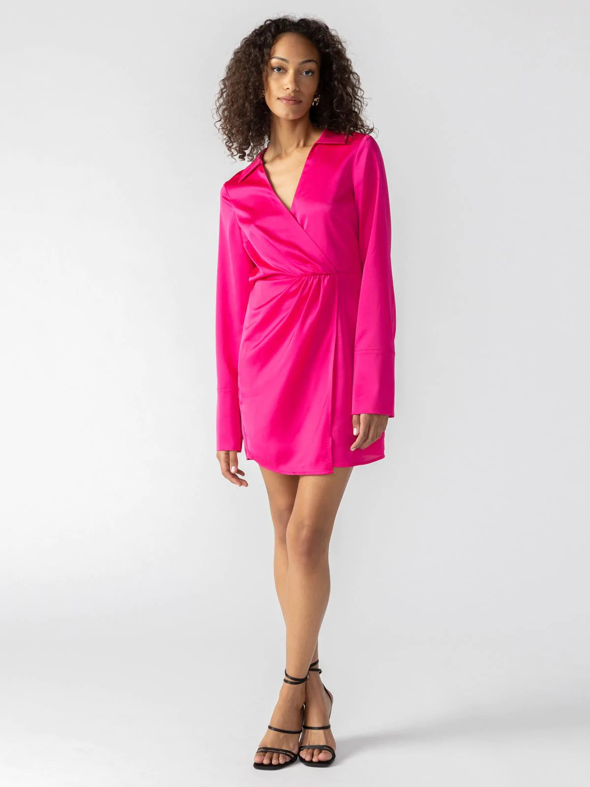 Cuff Detail Satin Wrap Dress — Pink