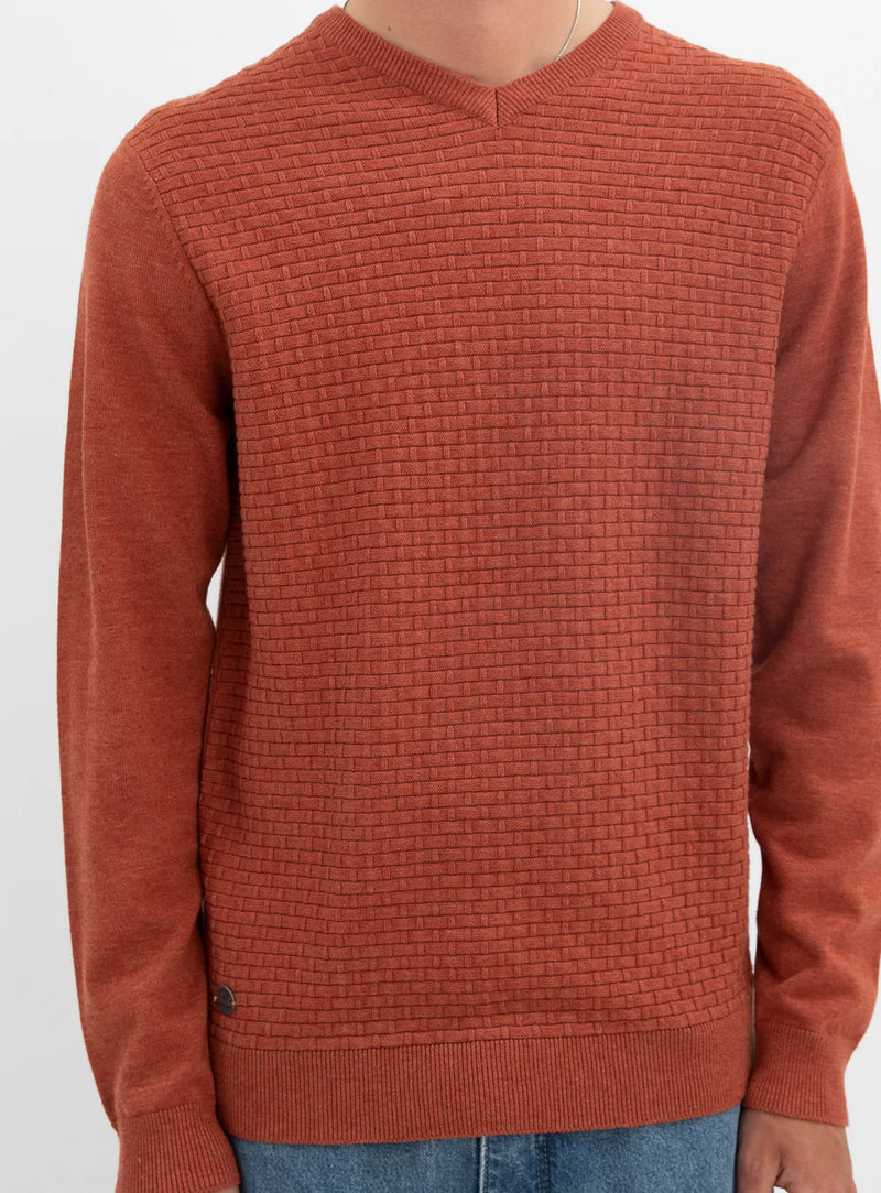 Rust Cotton V-Neck Fine Gauge Sweater