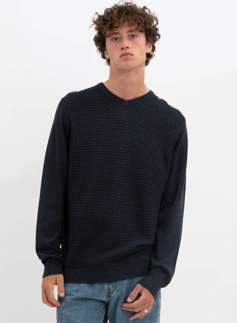 Navy Cotton V-Neck Fine Gauge Sweater