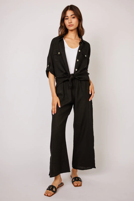 Linen Lounge Pant with Side Slits — Black