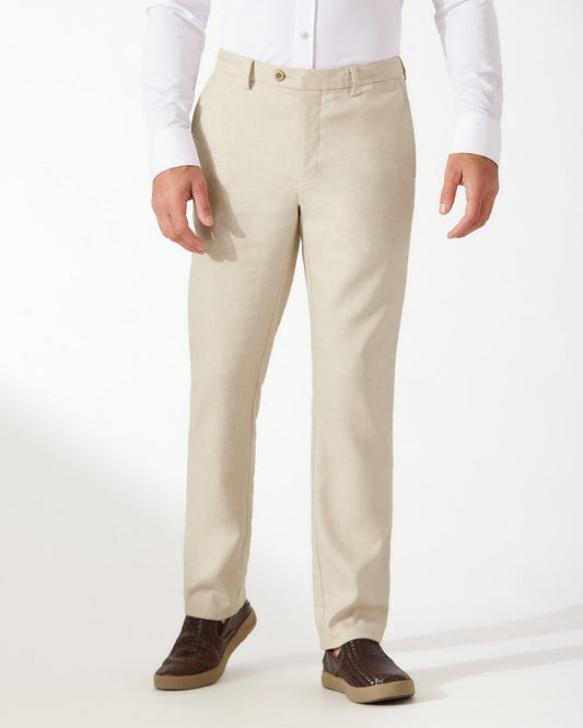 Lahaina Bay Linen-Blend Flat-Front Pants — Khaki