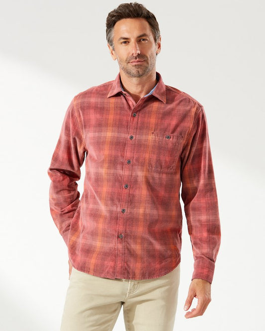 Coastline Cord Redwood Check Long-Sleeve Shirt — Red