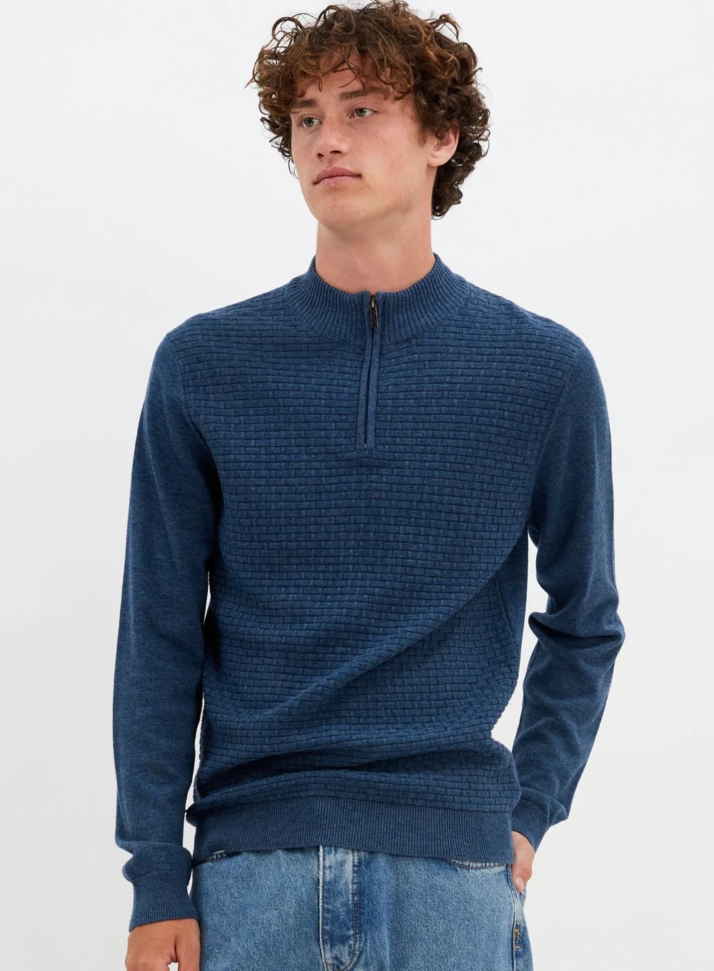 Blue Mock Zip Sweater