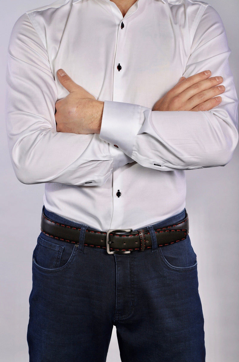 Black Leather Belt with Red Stitching