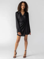 Cuff Detail Satin Wrap Dress — Black