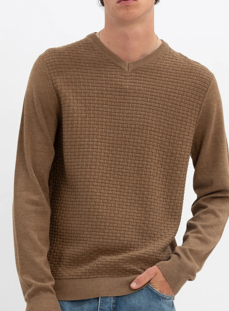 Brown Cotton V-Neck Fine Gauge Sweater