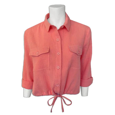 Long Sleeve Button Down with Tie Waist — Coral