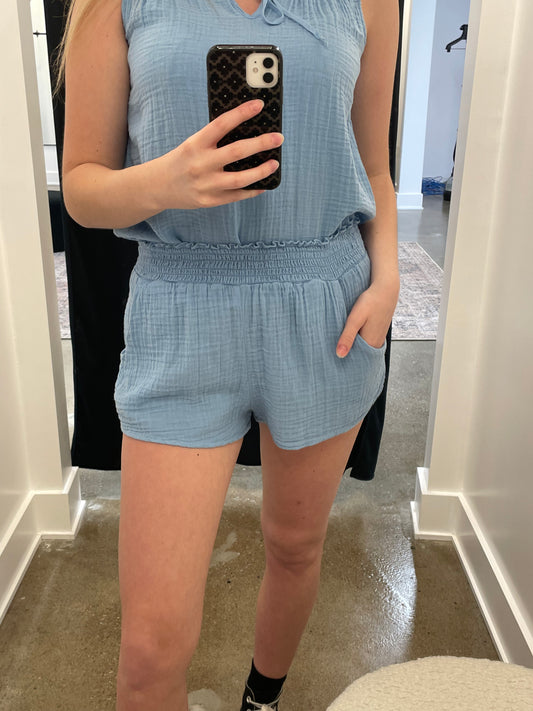 Blue Cotton Solid Elastic Waist Shorts