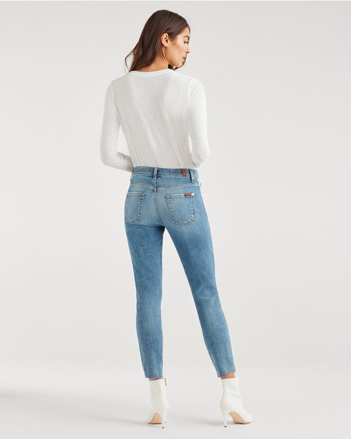 Ankle Skinny with Cut Off Hem and Double White Stripes in Sloane Vintage