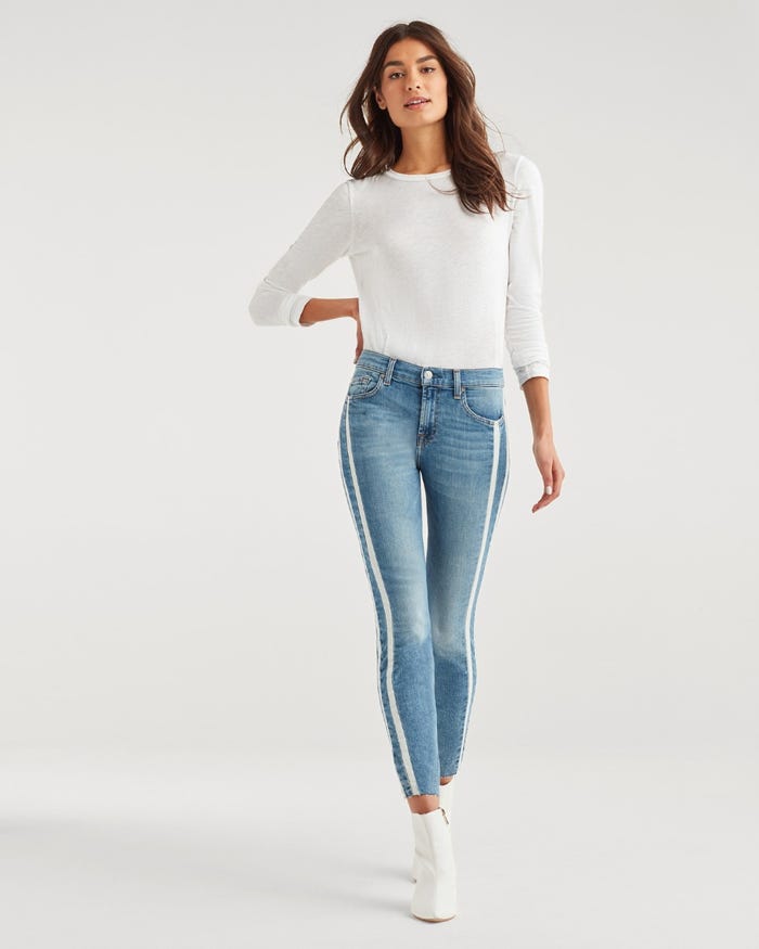 Ankle Skinny with Cut Off Hem and Double White Stripes in Sloane Vintage